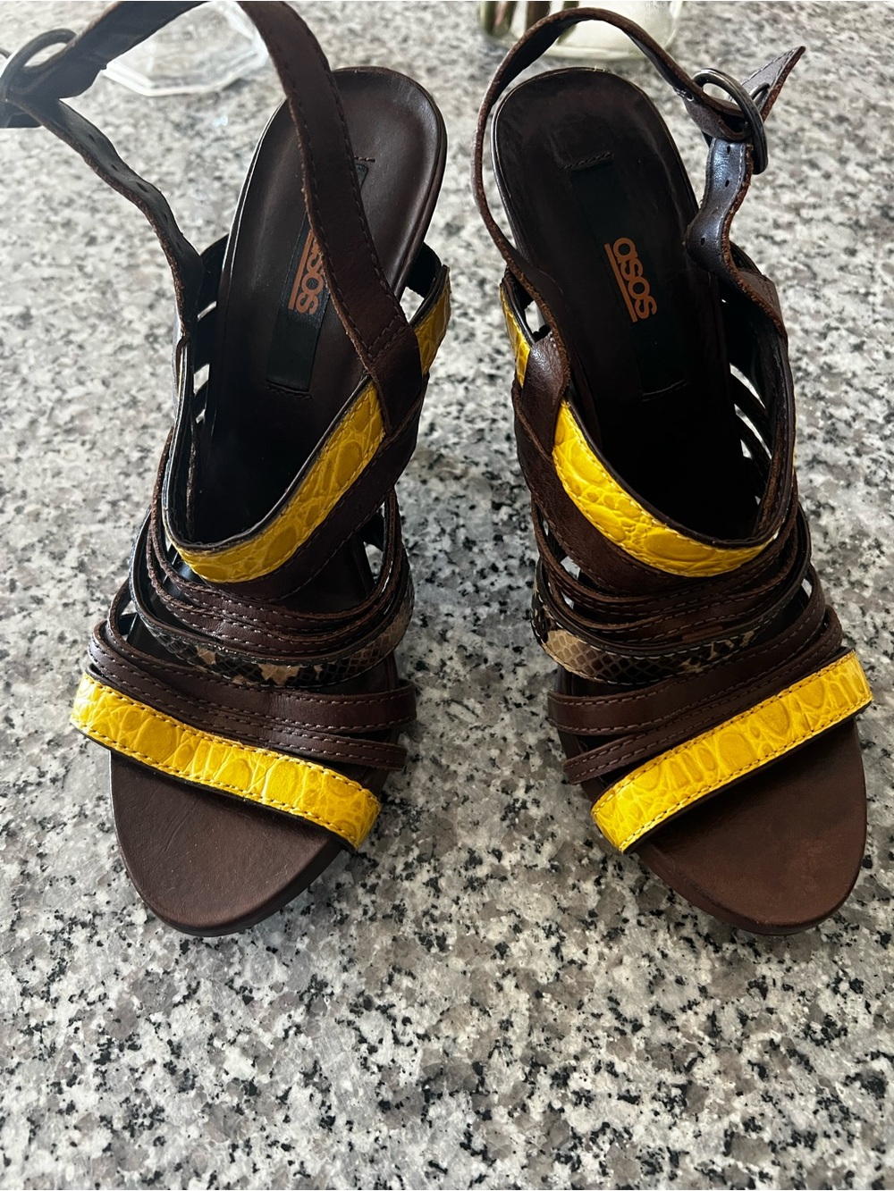 ASOS Brown Leather Heels with Yellow Accent Straps size euro 4 USA 6
